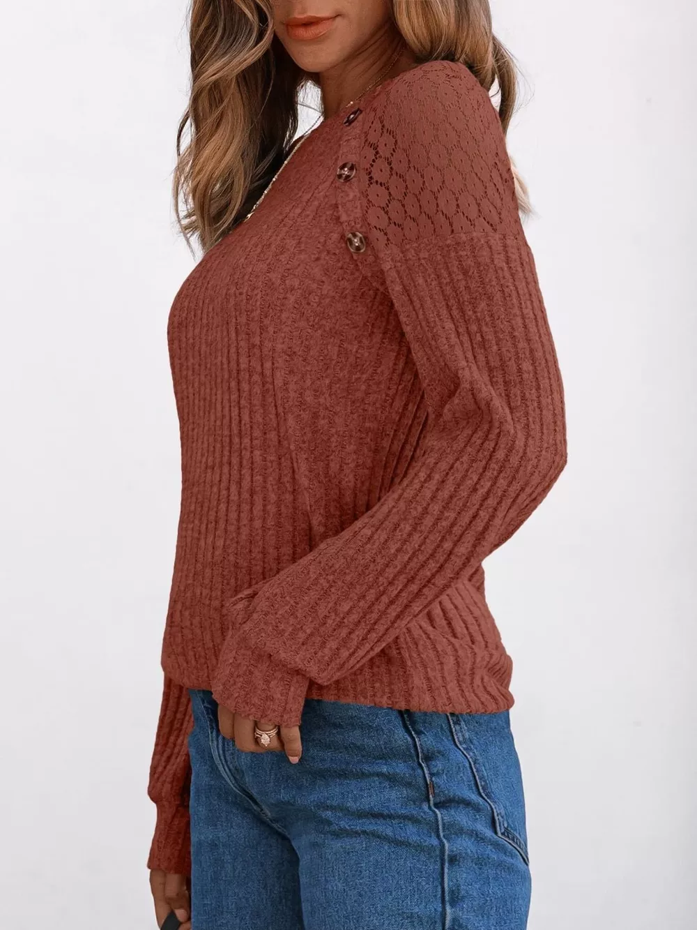 Ribbed Knit T-Shirt with Lace Shoulder Detail, image 18