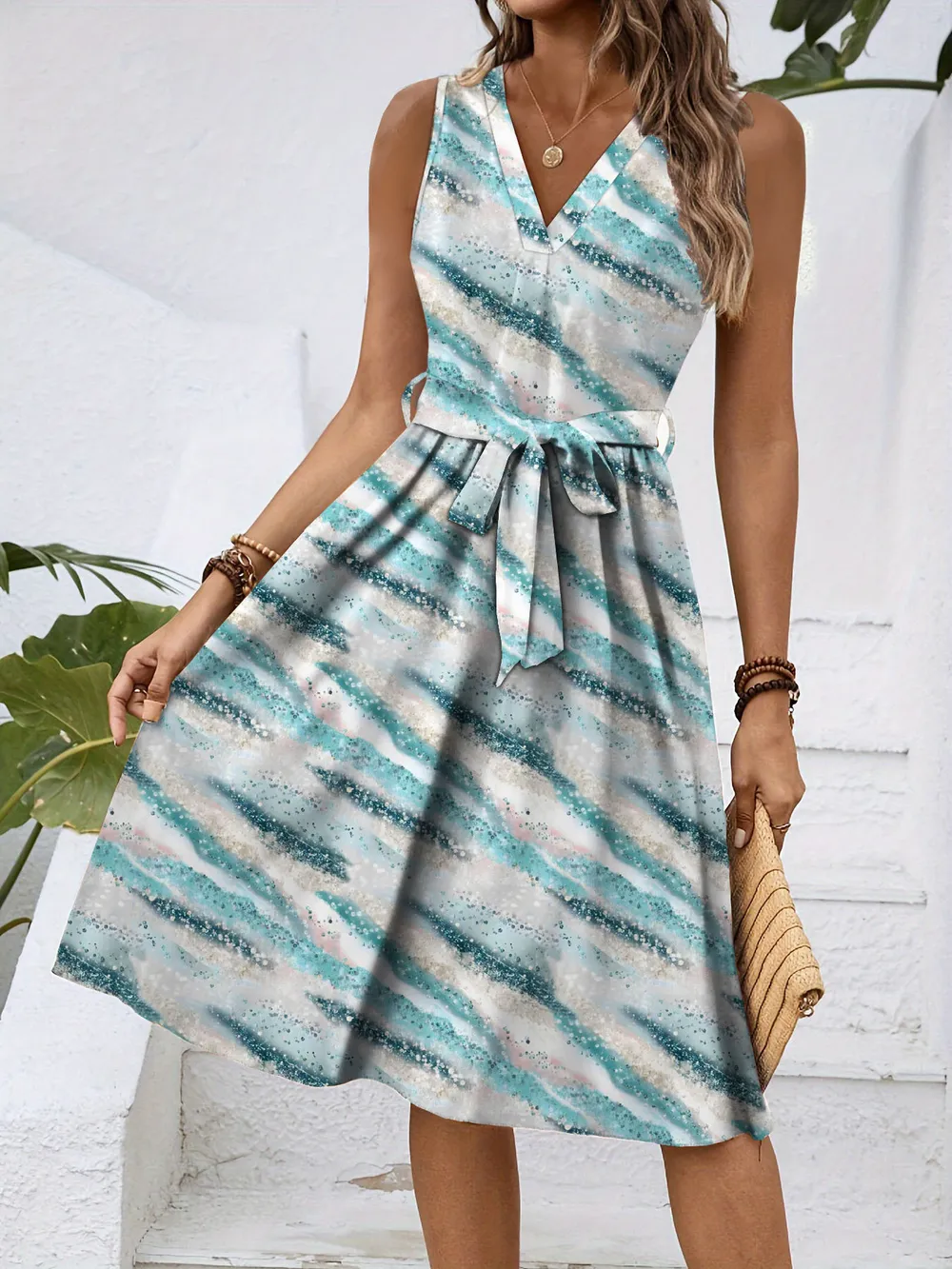 V-Neck Sleeveless Tie Waist Dress, image 5