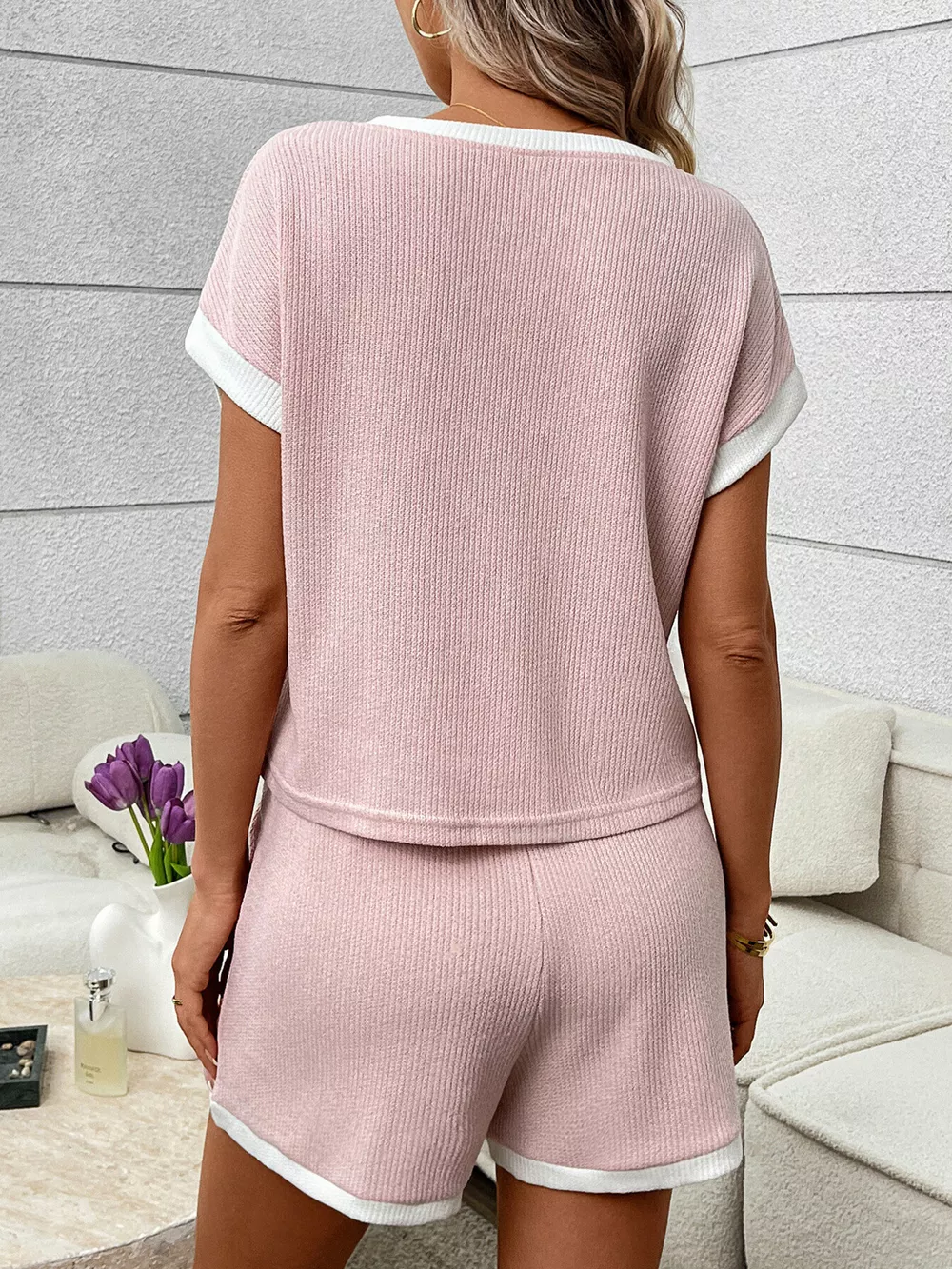 Contrast Trim Short Sleeve Top and Shorts Set, image 7
