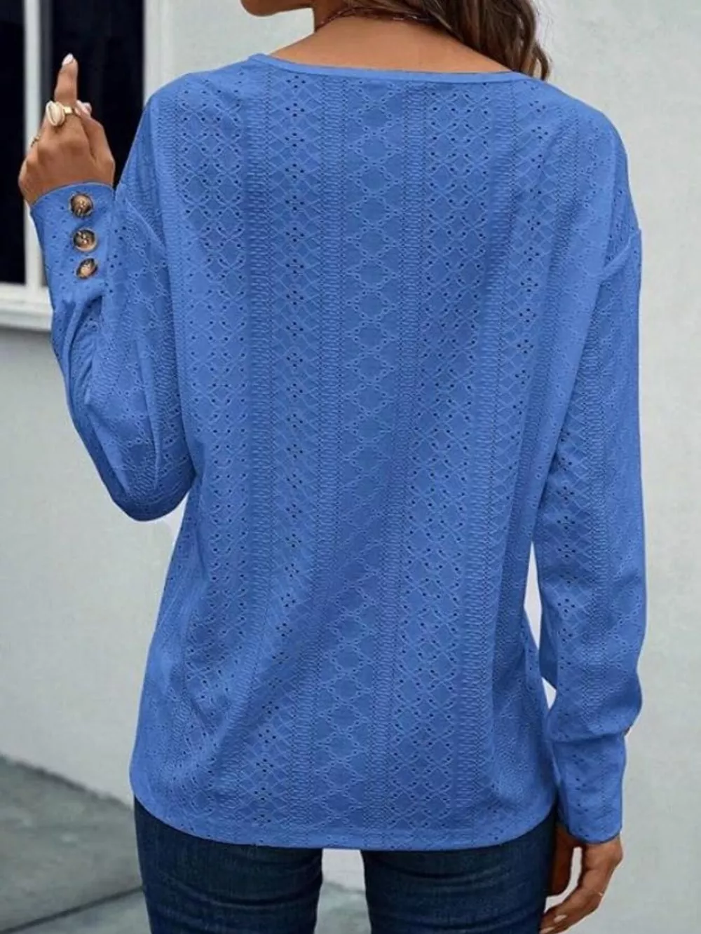 Eyelet V-Neck Long Sleeve Blouse, image 13