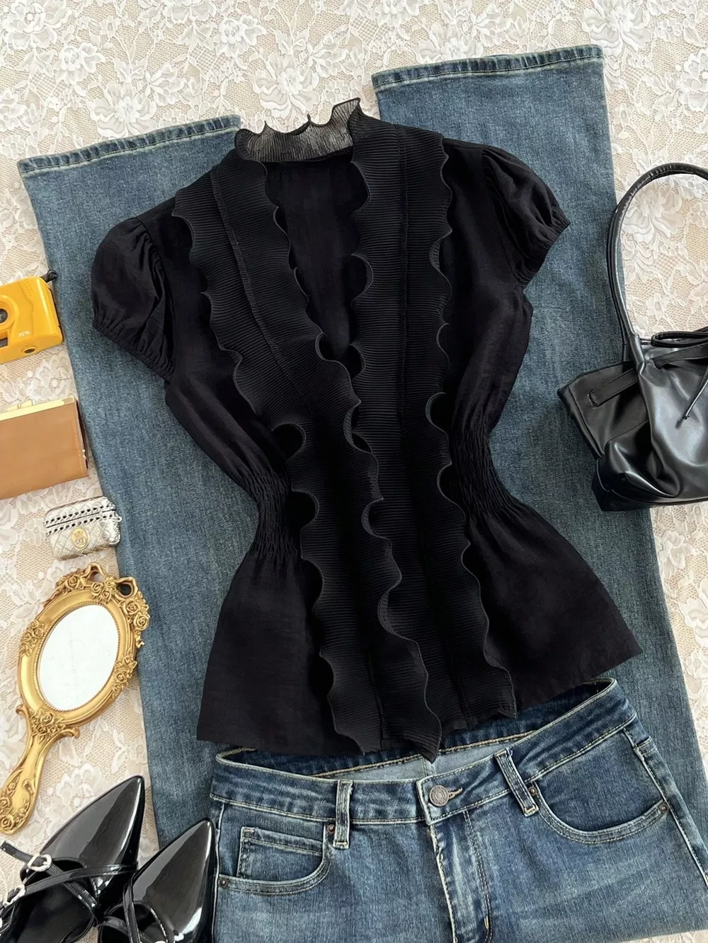 Ruffled V-Neck Blouse with Smocked Waist, image 3
