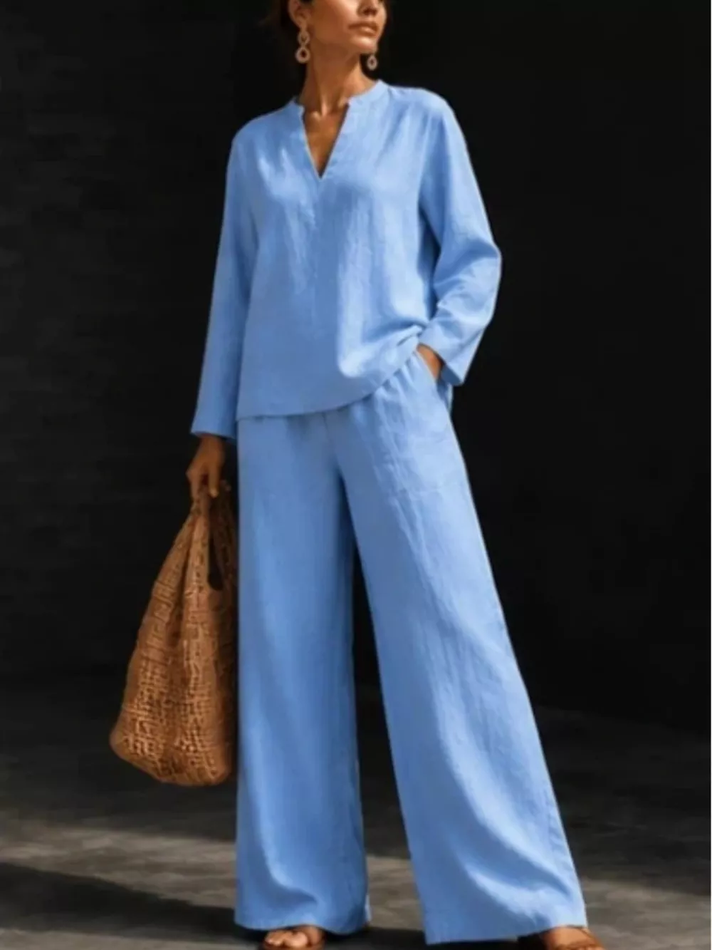Notched Long Sleeve Top and Pants Set, image 6
