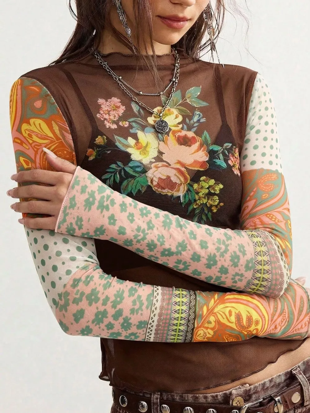 Floral Print Mesh Mock Neck Long Sleeve Top, image 4
