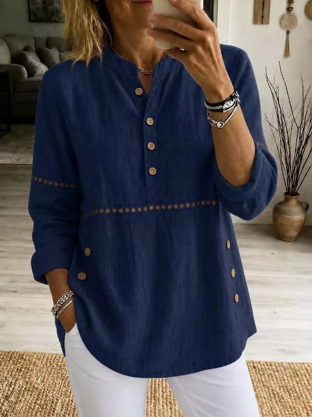 Full Size Button Detail Eyelet Long Sleeve Blouse Plus Size, image 8