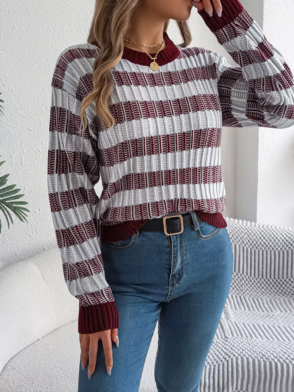 Striped Round Neck Long Sleeve Sweater, image 18