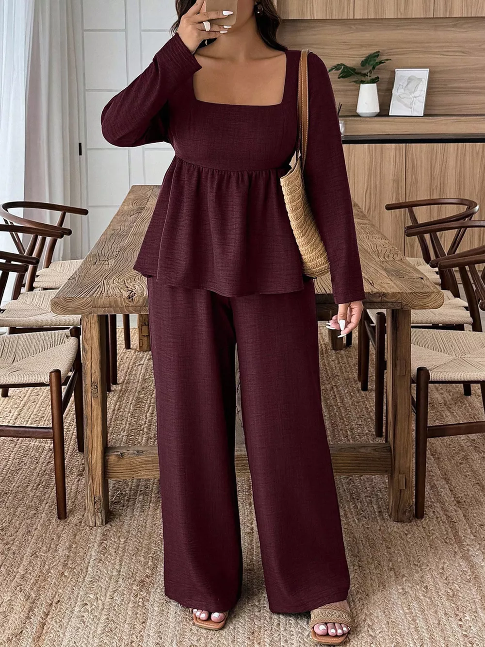 Plus Size Square Neck Long Sleeve Top and Pants Two-Piece Set, image 8