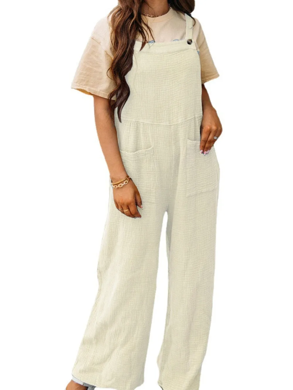 Full Size Casual Wide Leg Textured Overalls Plus Size, image 20