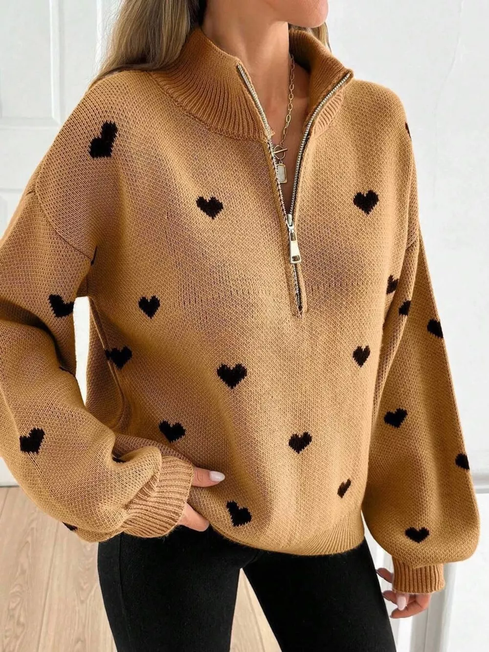 Full Size Heart Half-Zip Long Sleeve Sweater Plus Size, image 7