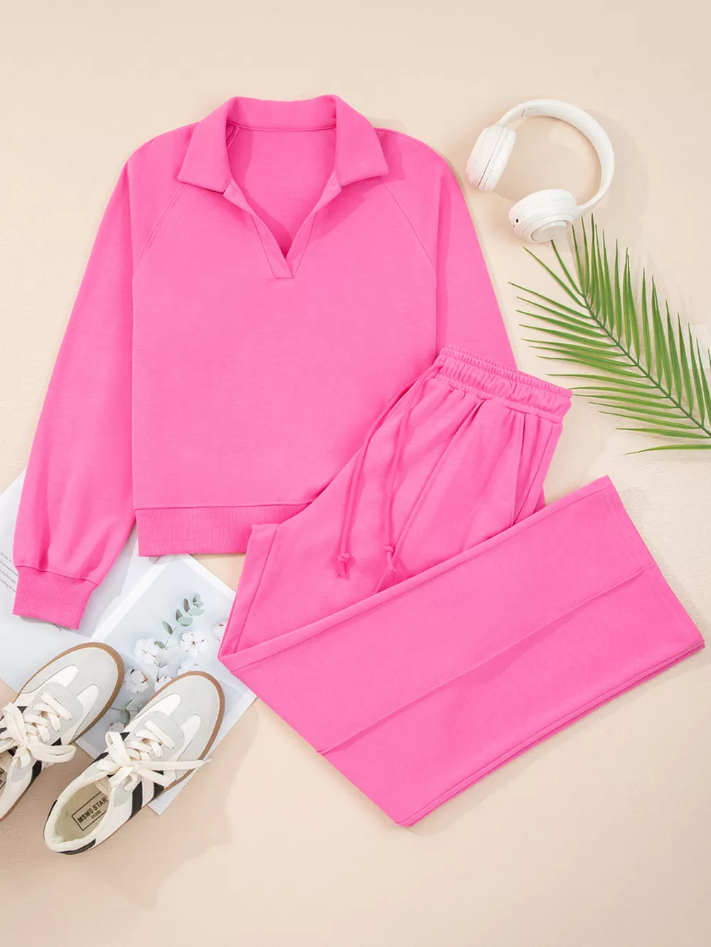 Solid Color Collared Pullover and Central Seam Pants Set, image 7