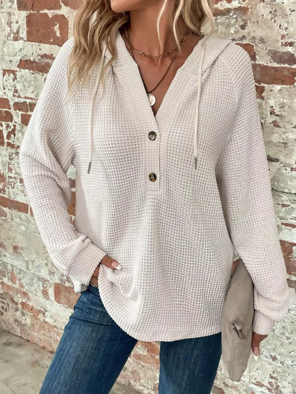 Waffle Knit Button Detail Hoodie, image 30
