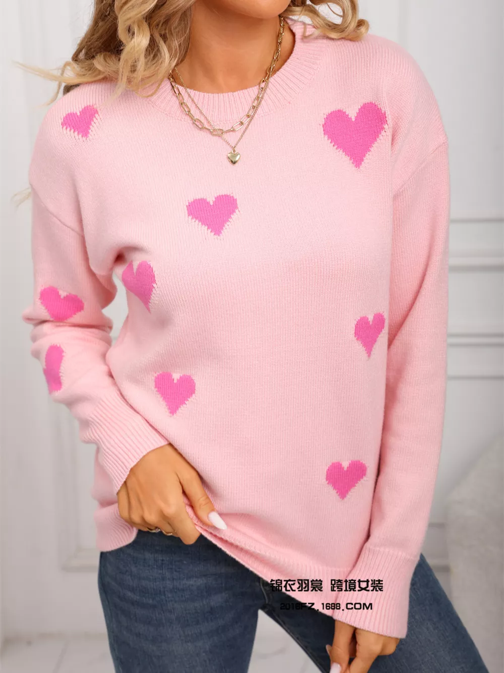 Valentine's Day Heart Print Round Neck Sweater, image 4