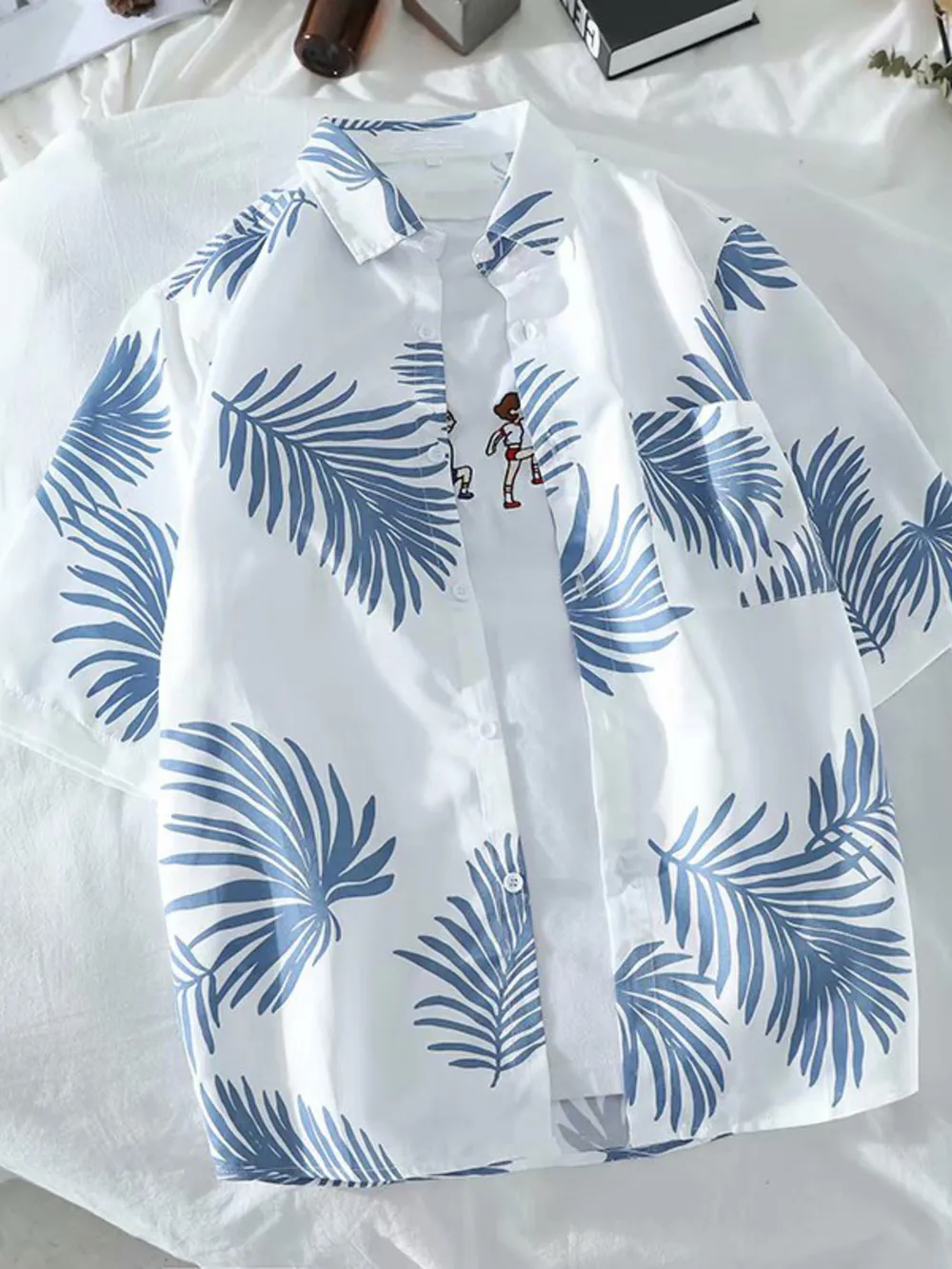 Men's Leaf Print Button Up Short Sleeve Shirt