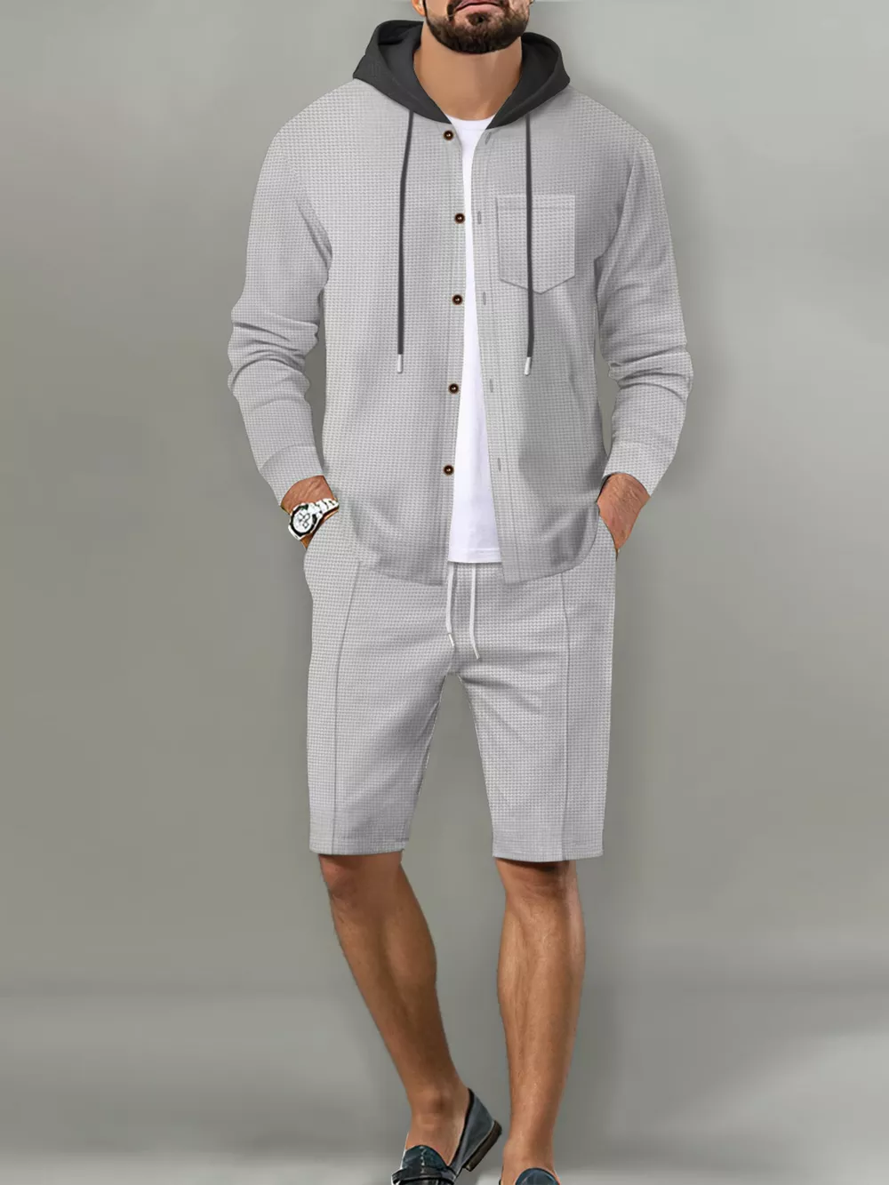 Men's Full Size Casual Hooded Button-Up Top and Shorts Set Plus Size, image 17