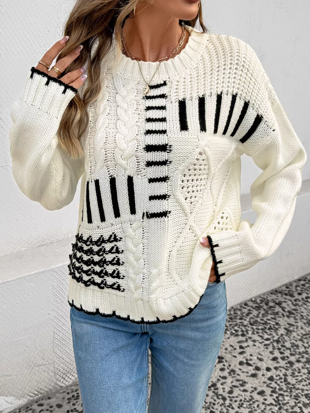 Cable Knit Round Neck Sweater, image 8