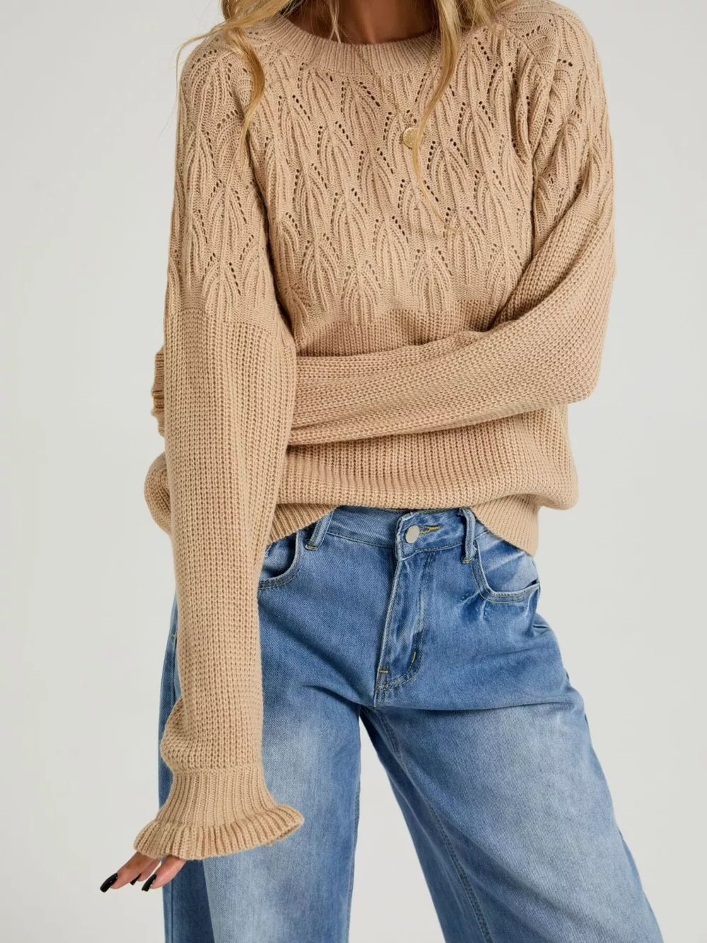 Pointelle Knit Round Neck Sweater, image 4