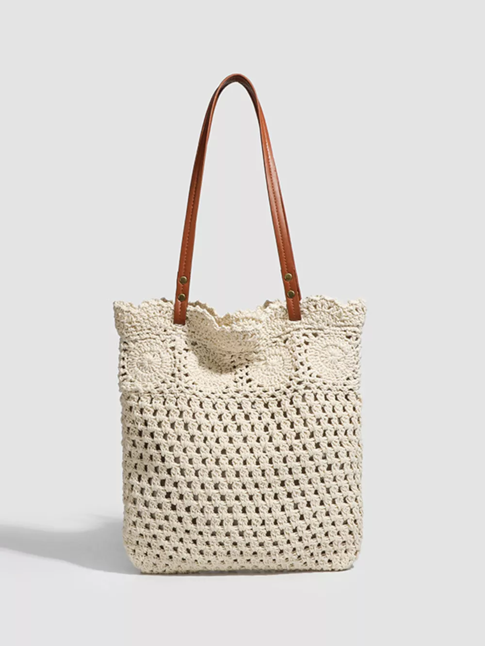 Bohemian Crochet Knit Tote Handbag with Leather Handles, image 2