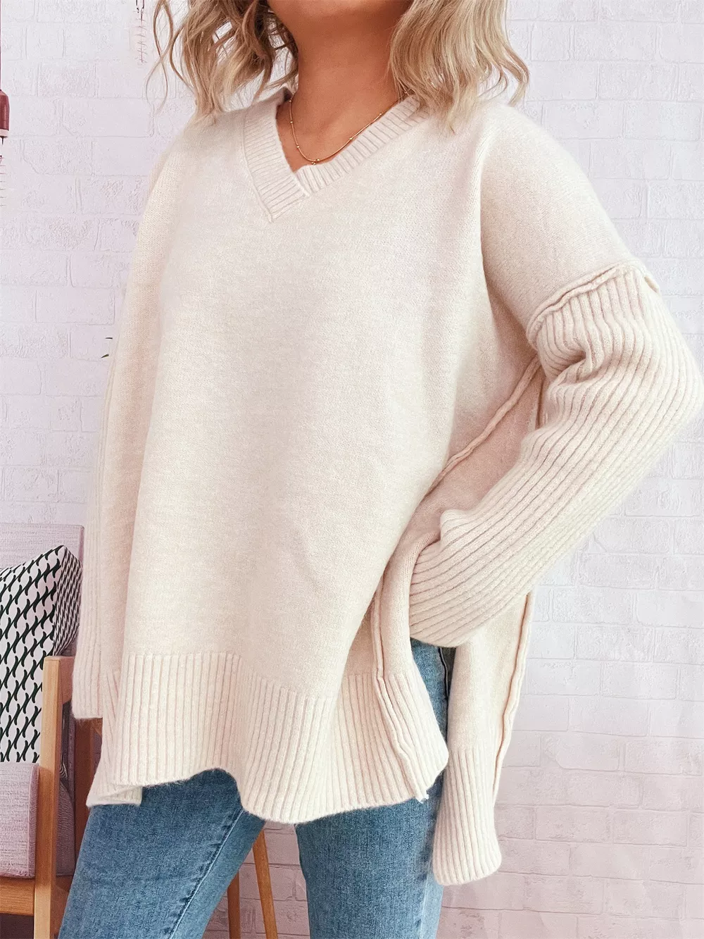 V-Neck Dropped Shoulder Sweater, image 3