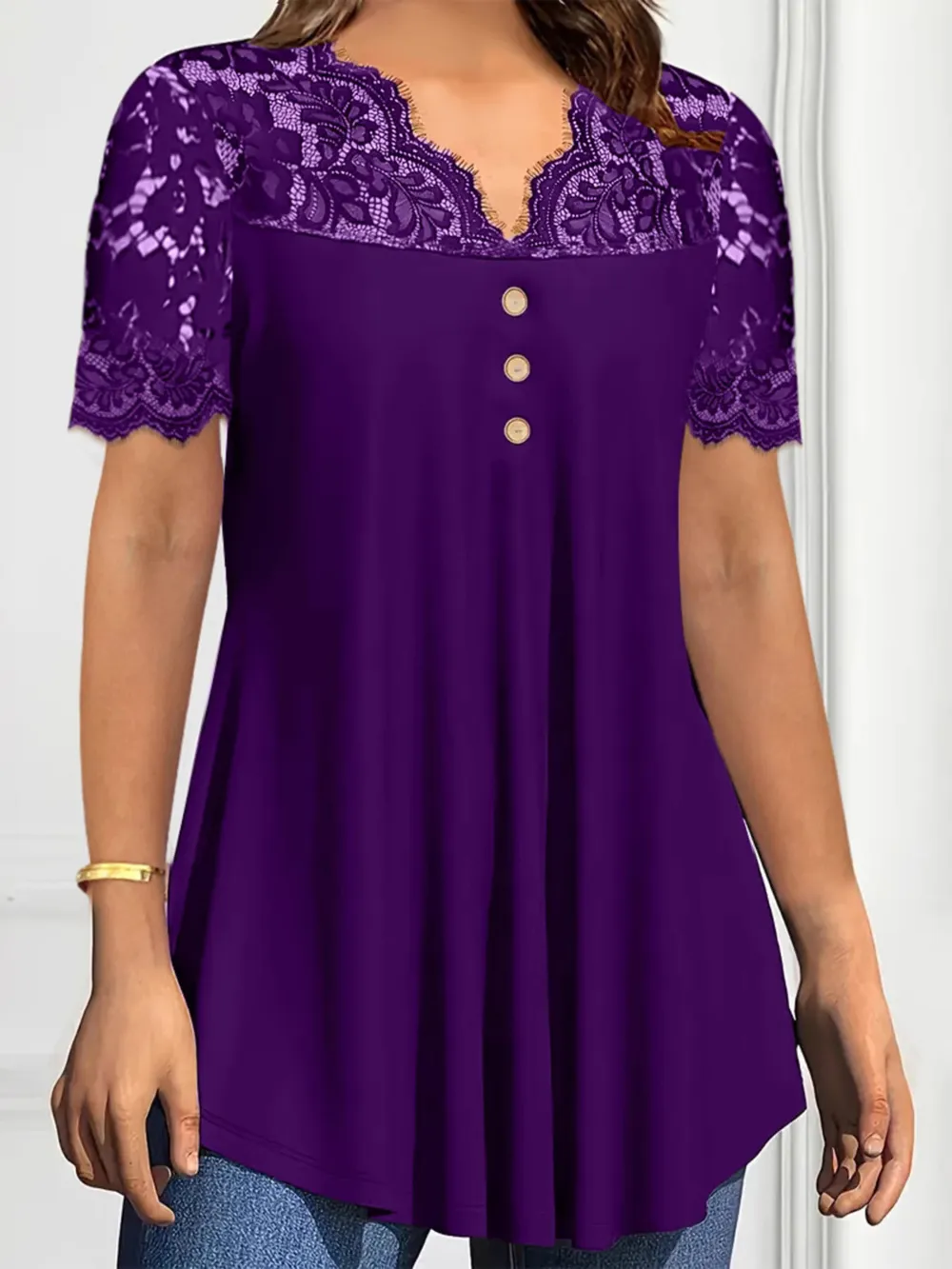 Lace Panel Short Sleeve Blouse, image 2