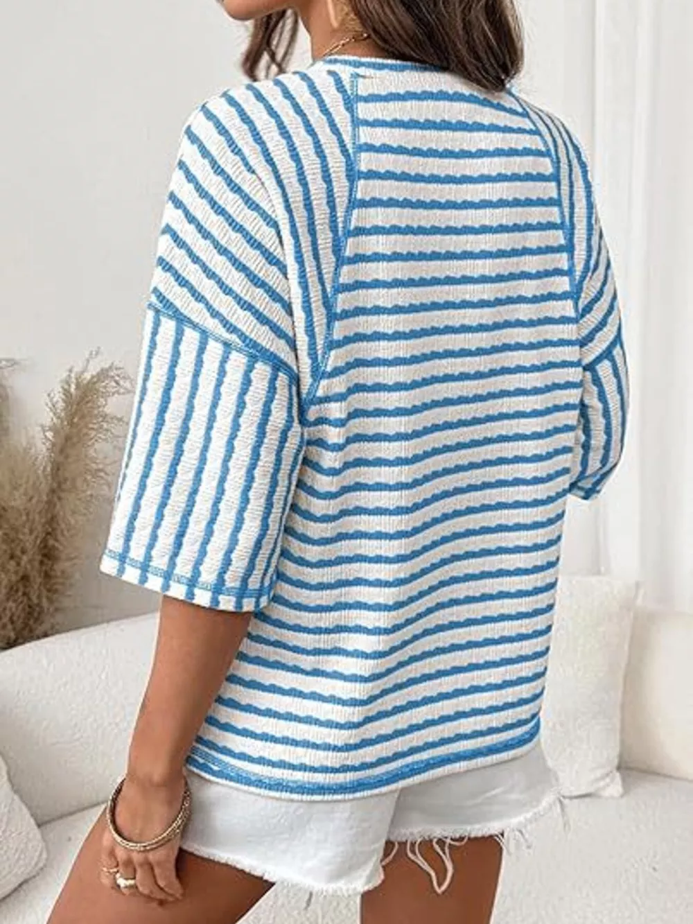 Striped Knit Round Neck T-Shirt, image 3