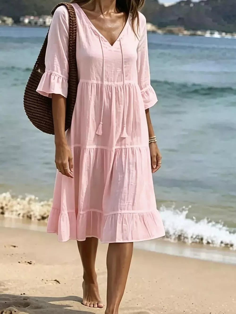 Full Size Tiered Tie Neck Flounce Sleeve Dress Plus Size, image 7