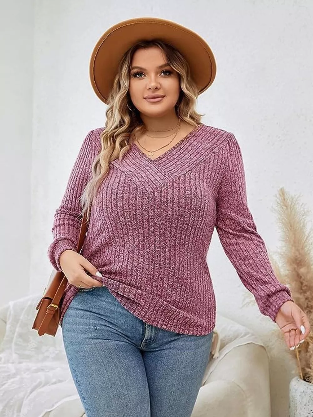V-Neck Ribbed Long Sleeve Knit Top, image 7