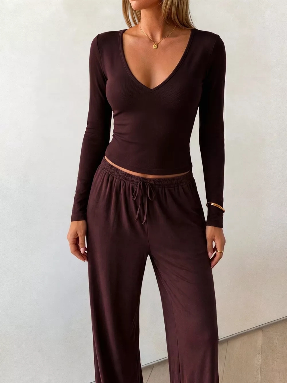 V-Neck Long Sleeve Top and Wide-Leg Pants Set, image 2