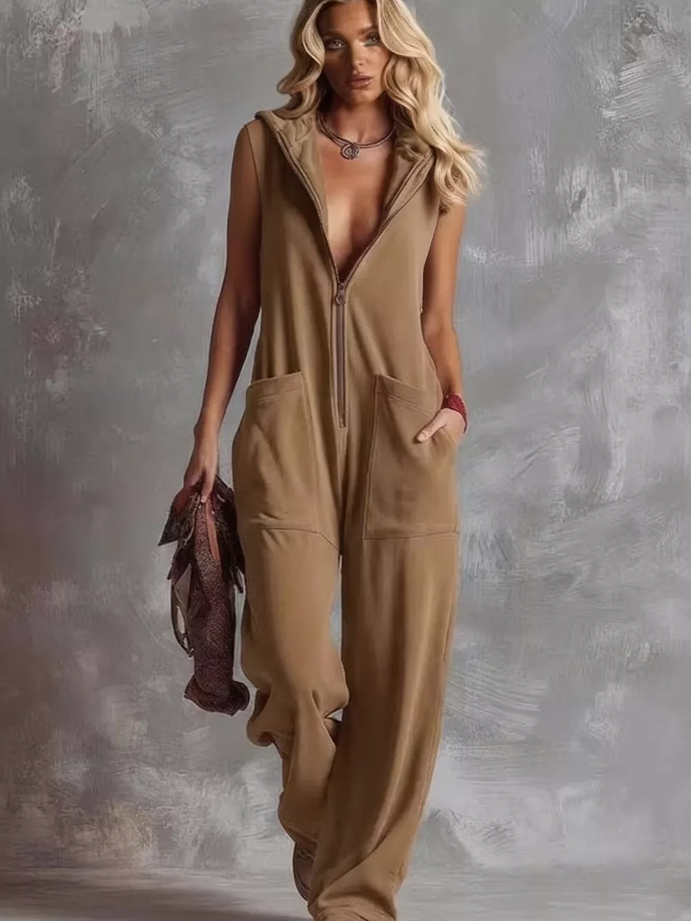 Sleeveless Hooded Zip-Front Casual Jumpsuit, image 7