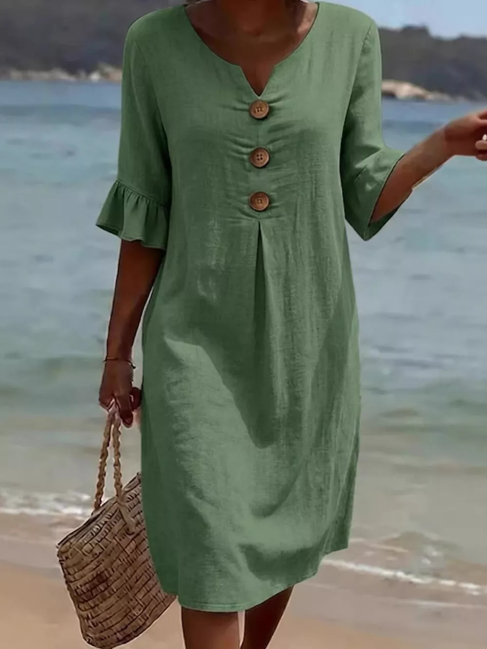 Full Size Decorative Button Ruffle Half Sleeve Dress Plus Size, image 10