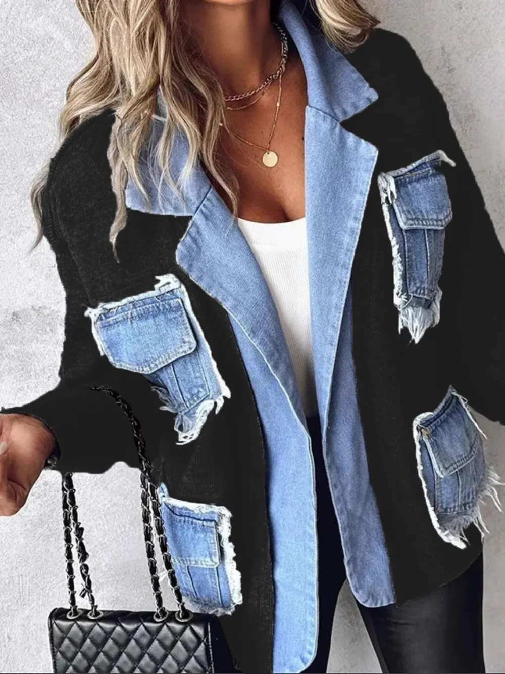 Raw Hem Denim Pocket Patchwork Cardigan, image 6