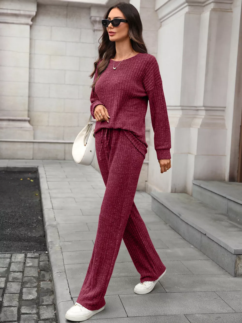 Ribbed Round Neck Top and Pants Set, image 20