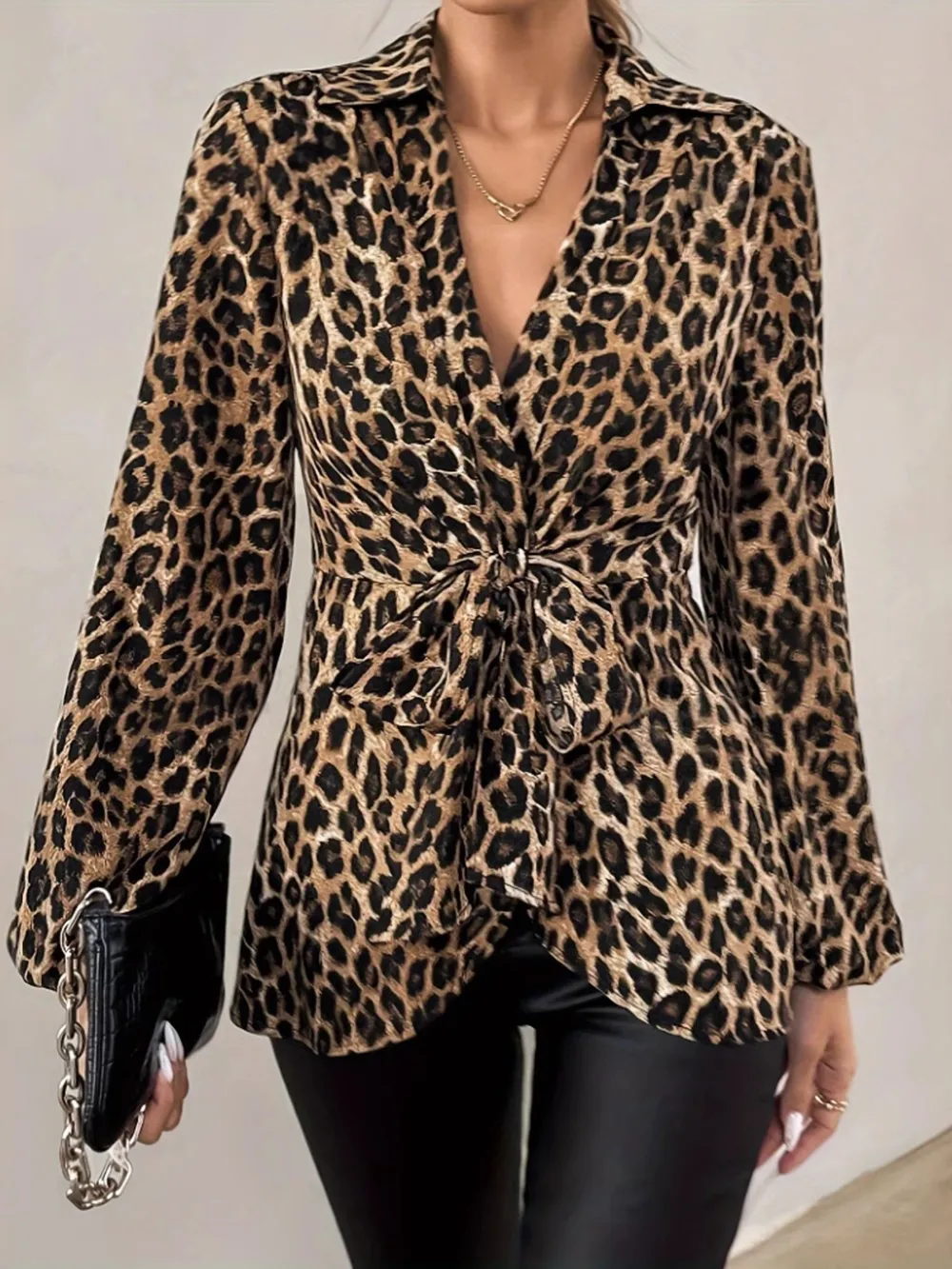 Leopard Tie Front Long Sleeve Blouse, image 7