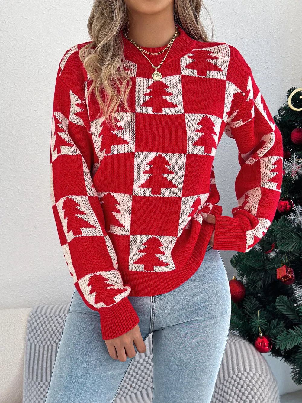 Christmas Tree Checkerboard Pattern Sweater, image 12