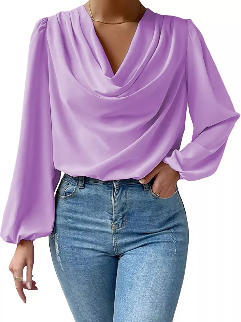 Full Size Cowl Neck Balloon Sleeve Blouse Plus Size, image 13