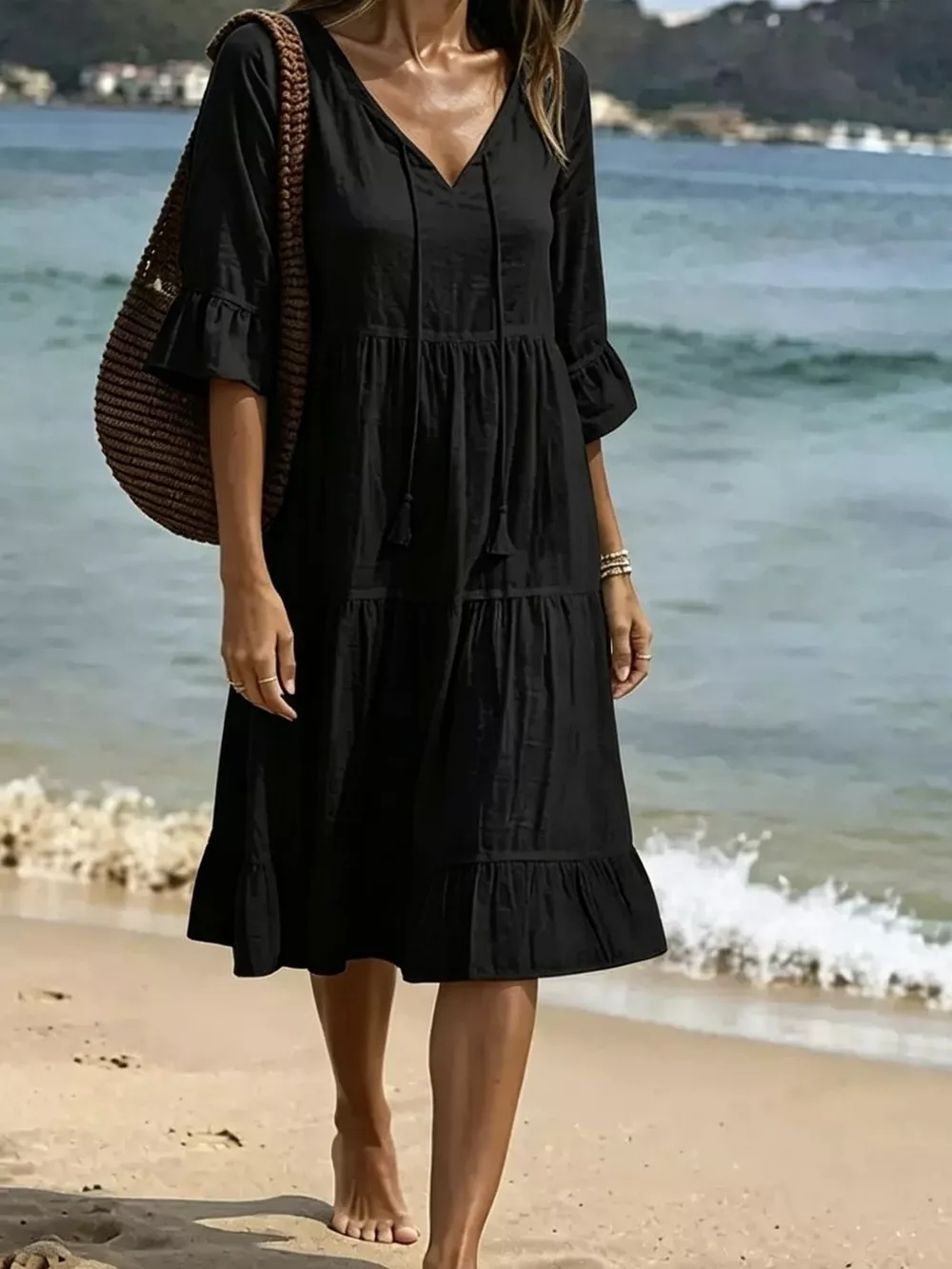 Full Size Tiered Tie Neck Flounce Sleeve Dress Plus Size, image 10