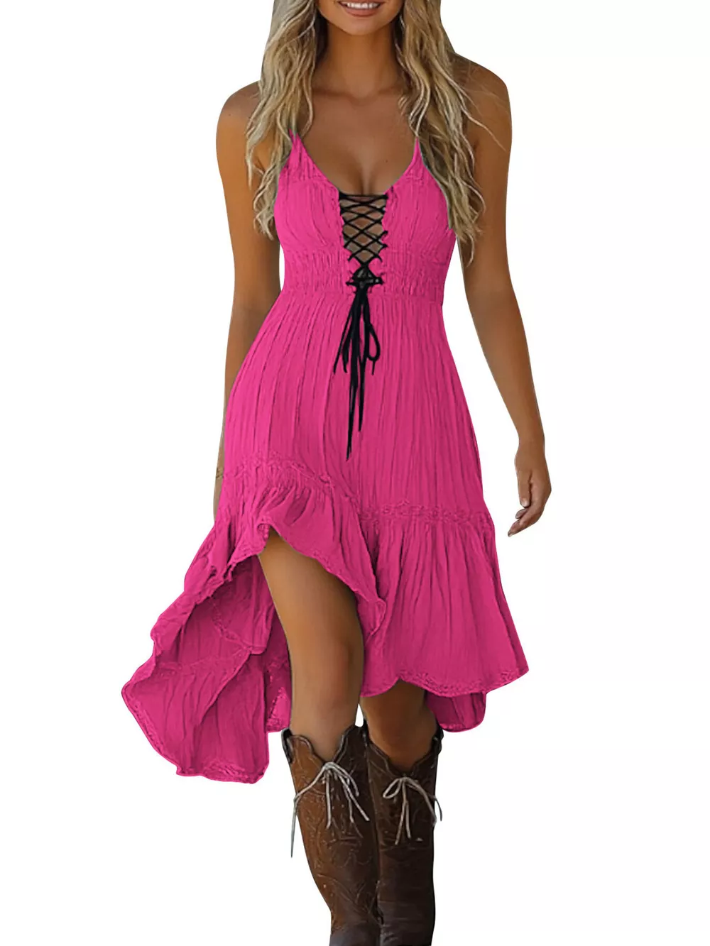Lace-Up Front High-Low Ruffle Hem Dress, image 15