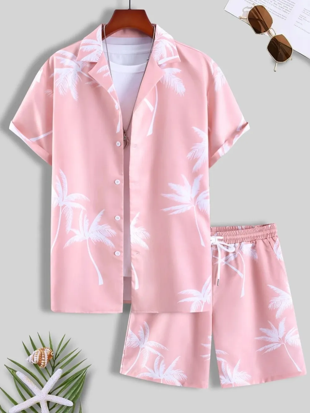 Men's Full Size Palm Print Button Up Shirt and Shorts Set Plus Size, image 9