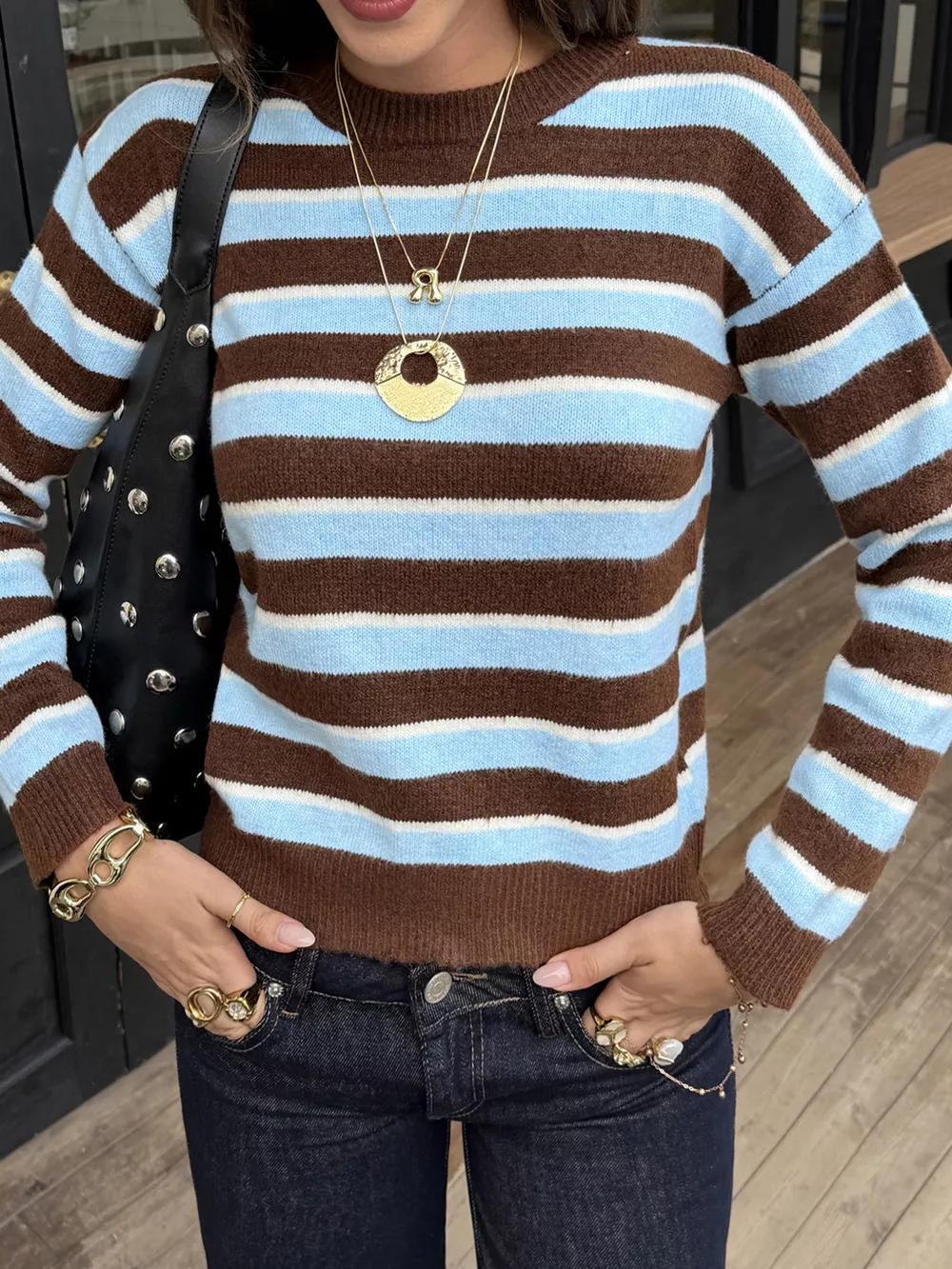 Striped Crew Neck Knit Sweater, image 2
