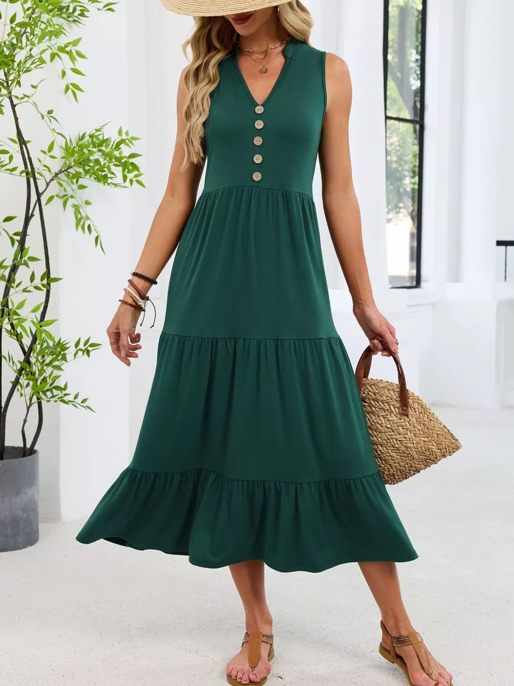Sleeveless Notched Tiered Midi Dress, image 30