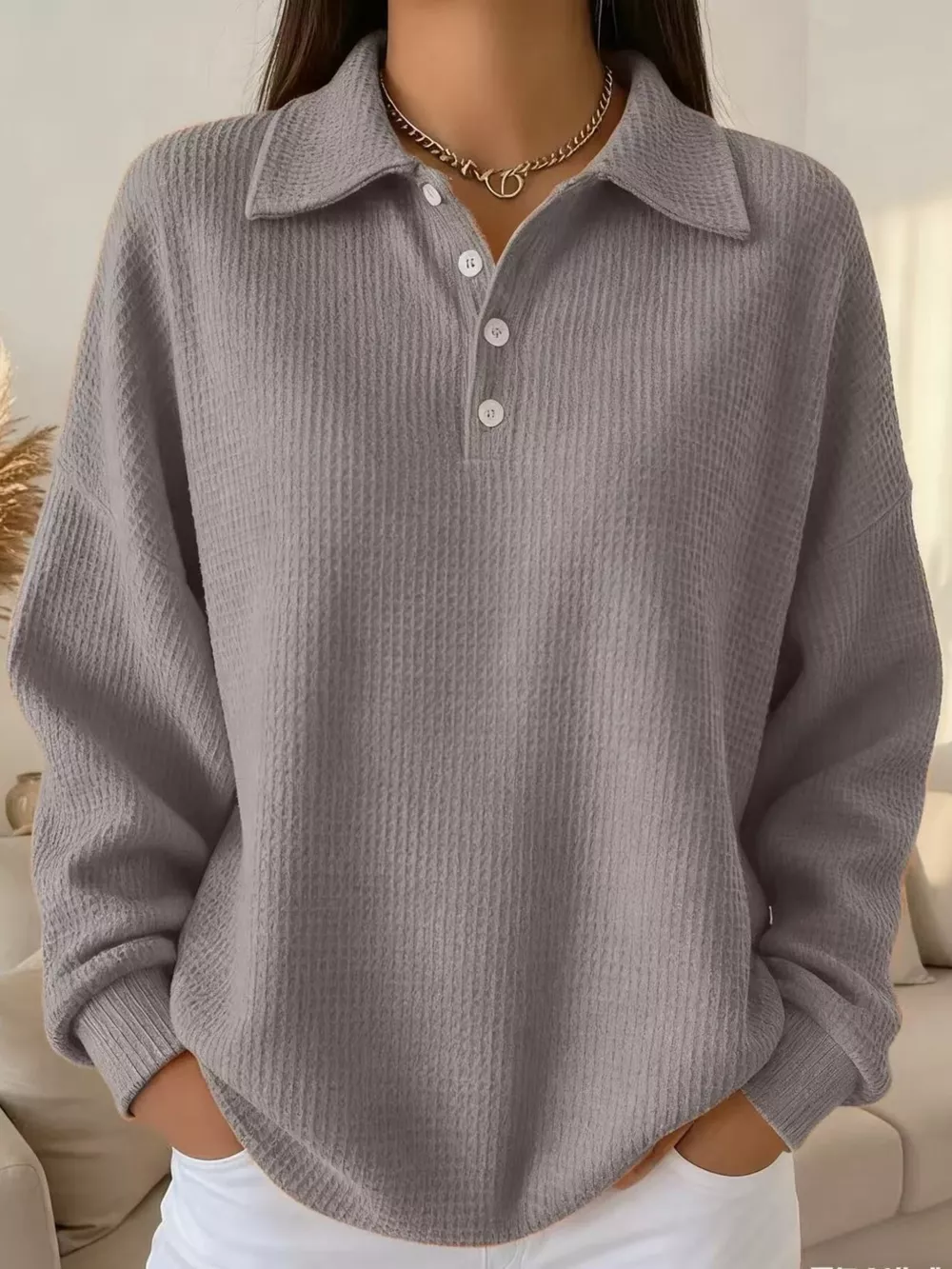 Full Size Waffle Knit Button Detail Sweatshirt Plus Size, image 15