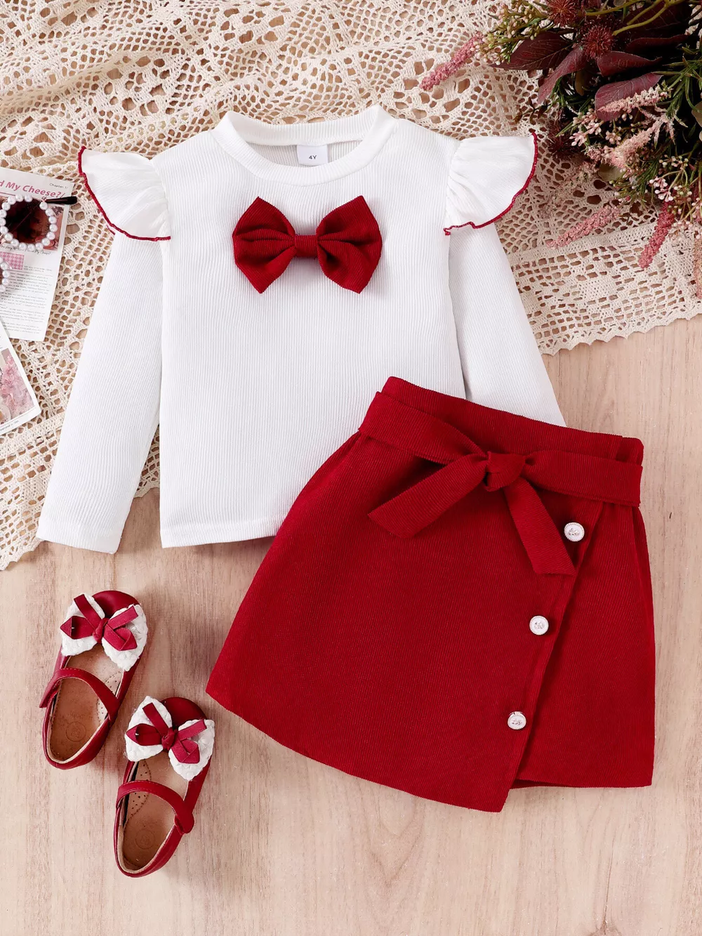 Children's Bow Long Sleeve Top and Skirt Set