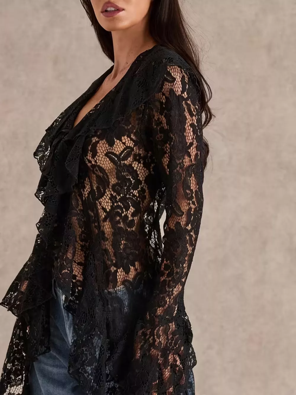 Lace Ruffle Trim High-Low Blouse, image 5
