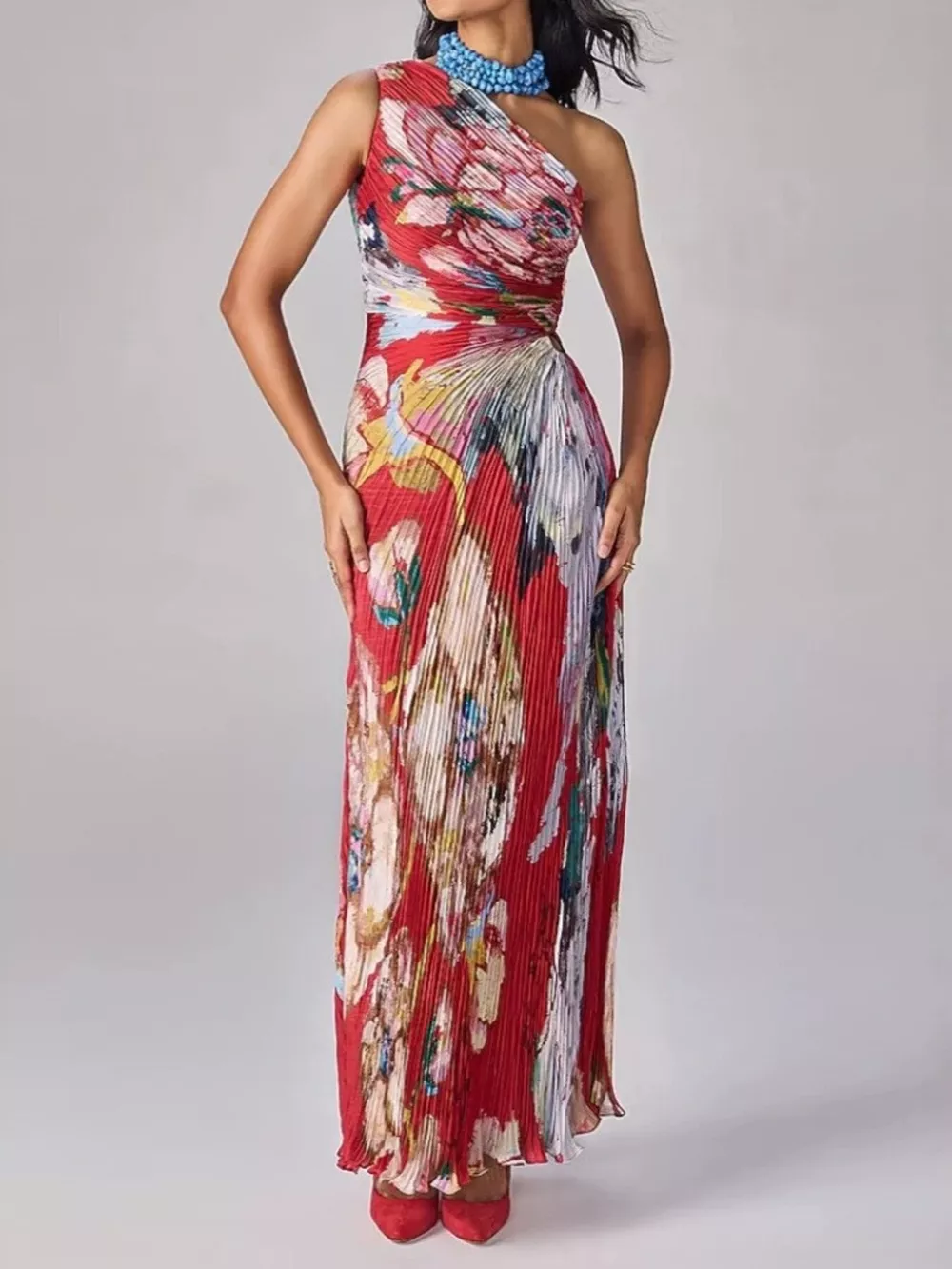 One-Shoulder Pleated Floral Maxi Dress, image 2