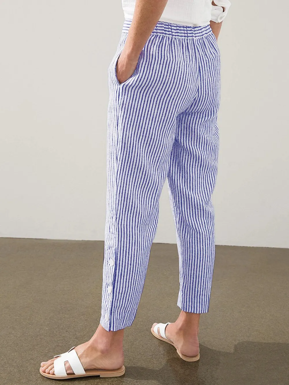 Full Size Striped Side Button Detail Pants Plus Size, image 12