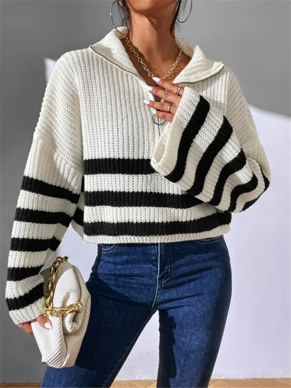 Striped Half Zip Cropped Sweater, image 2