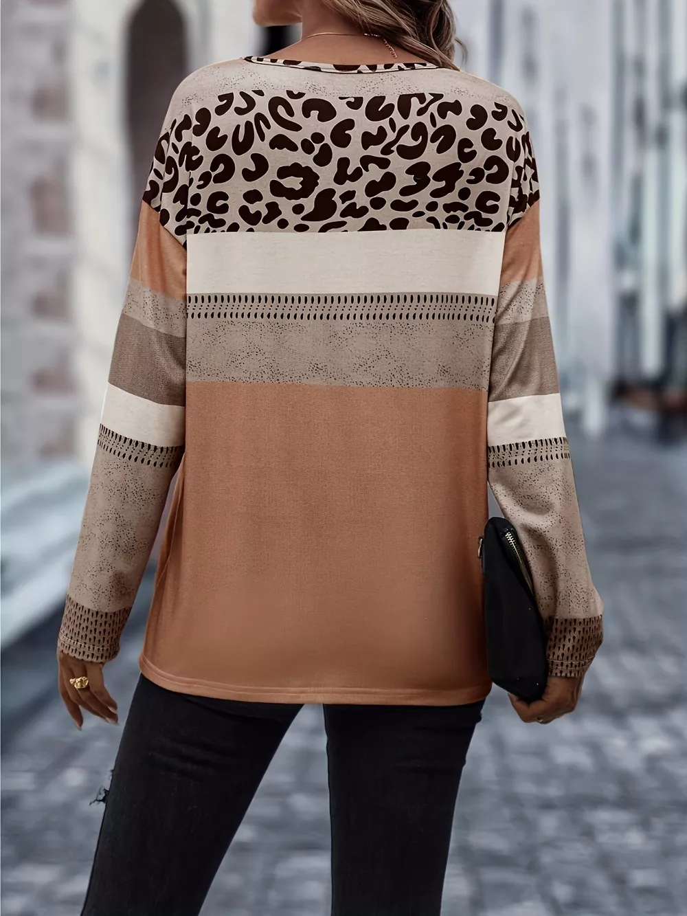 Plus Size Leopard Print Color Block Long Sleeve T-Shirt, image 3