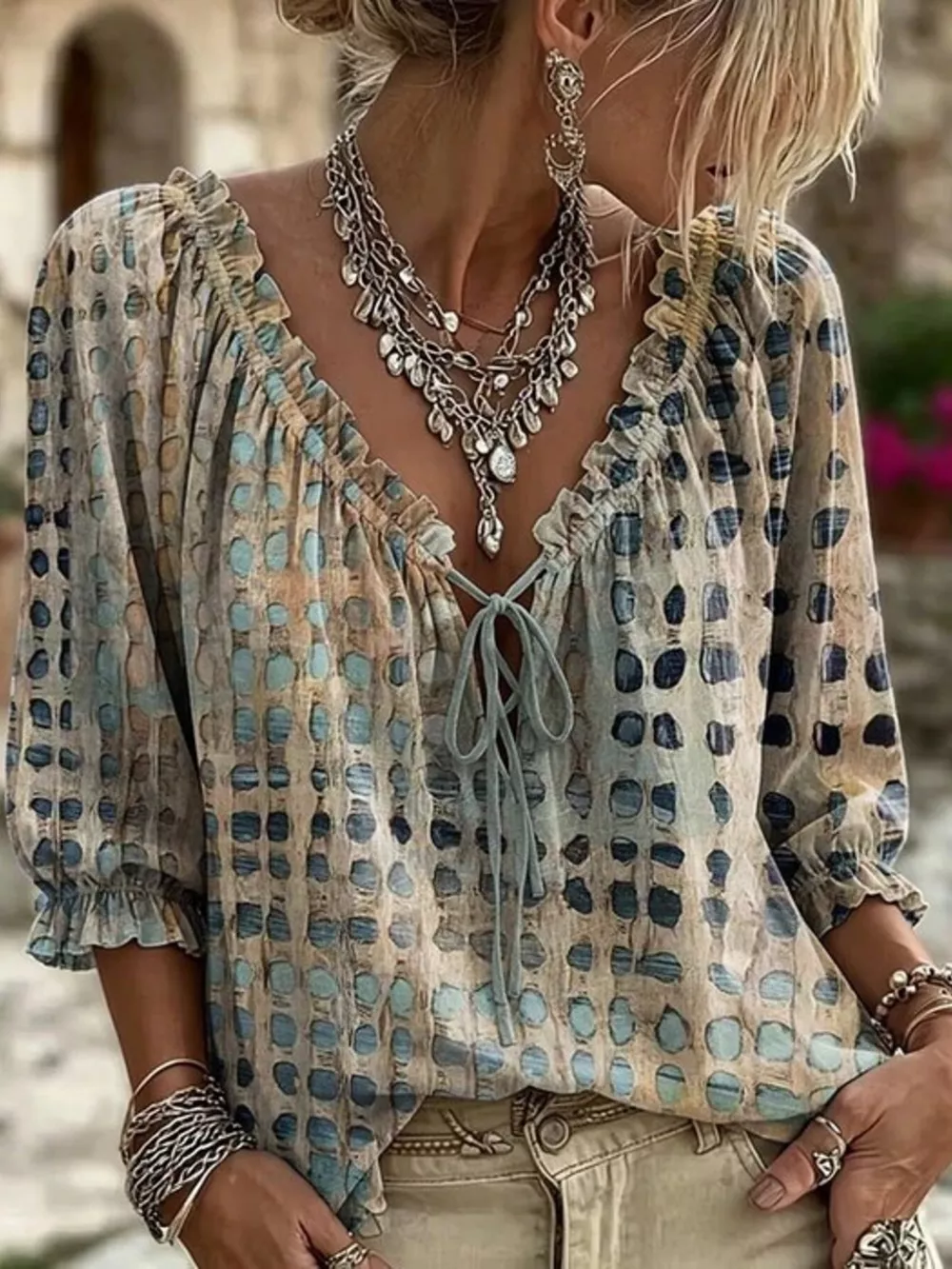 Full Size Tie Neck 3/4 Sleeve Blouse Plus Size, image 5
