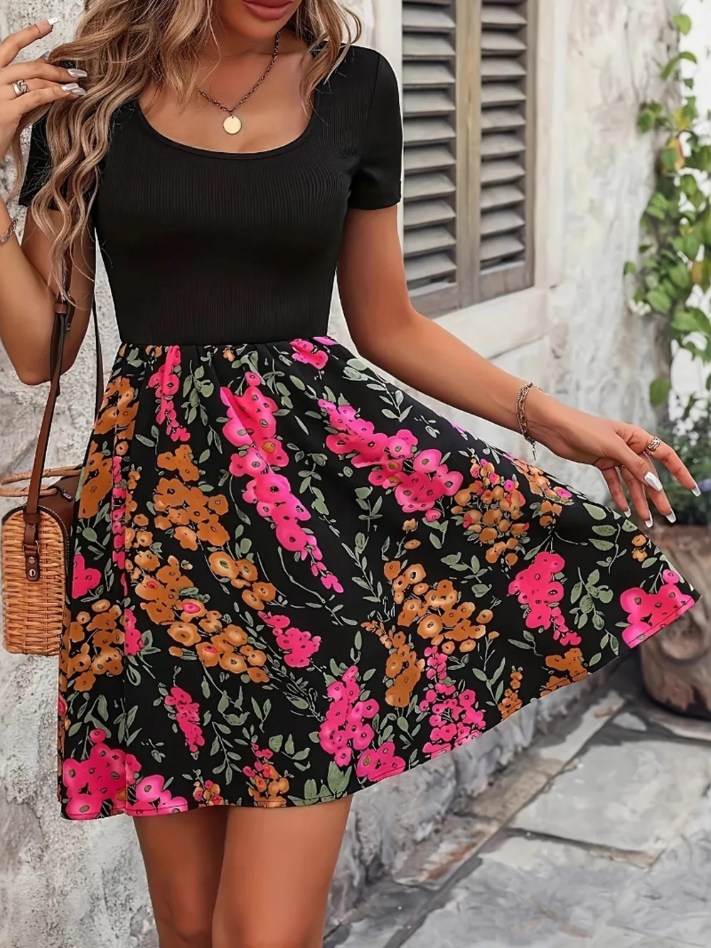 Floral Print Short Sleeve Mini Dress, image 7