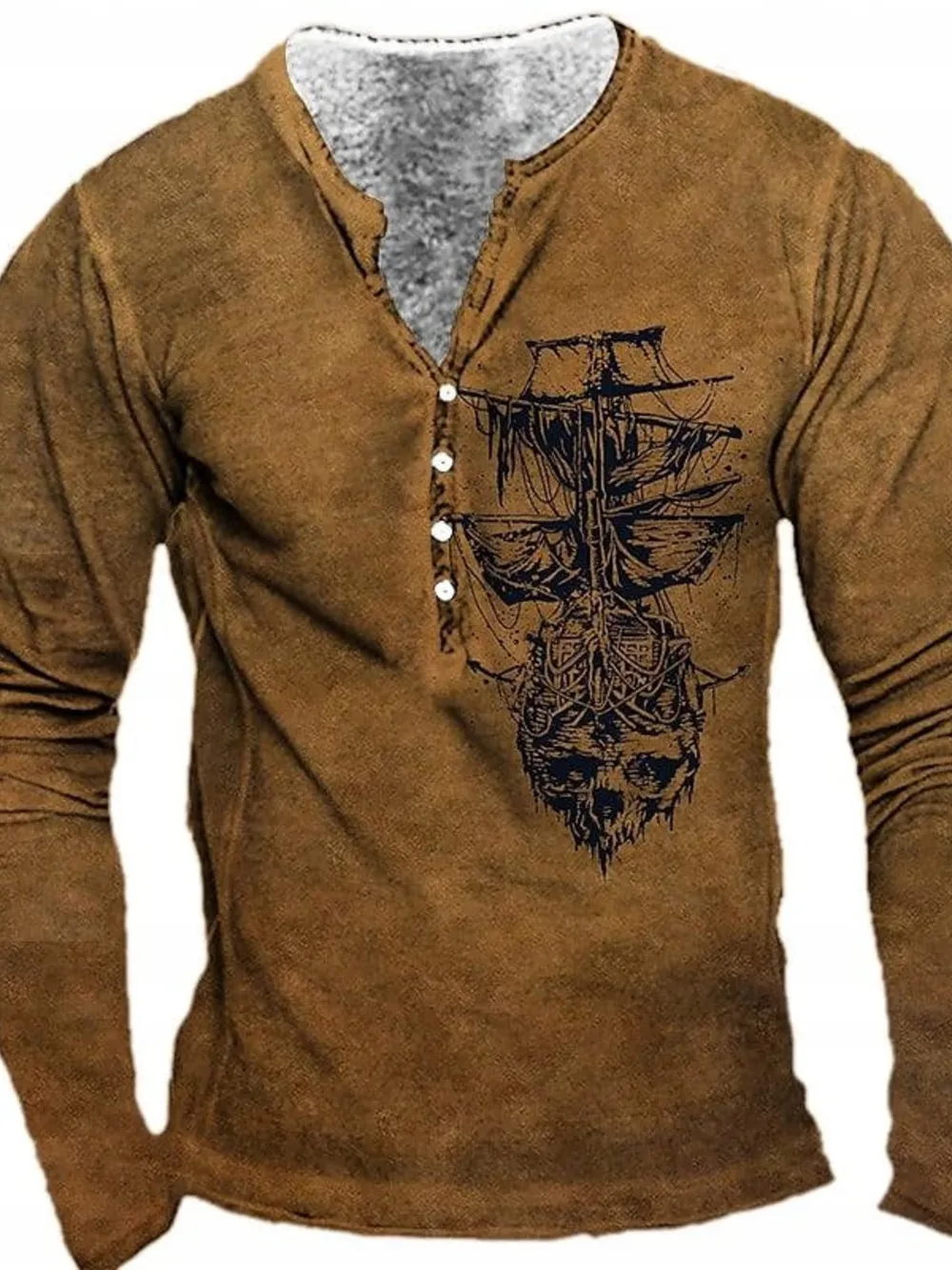 Men's Full Size Vintage Pirate Ship Skull Print Long Sleeve T-Shirt Plus Size