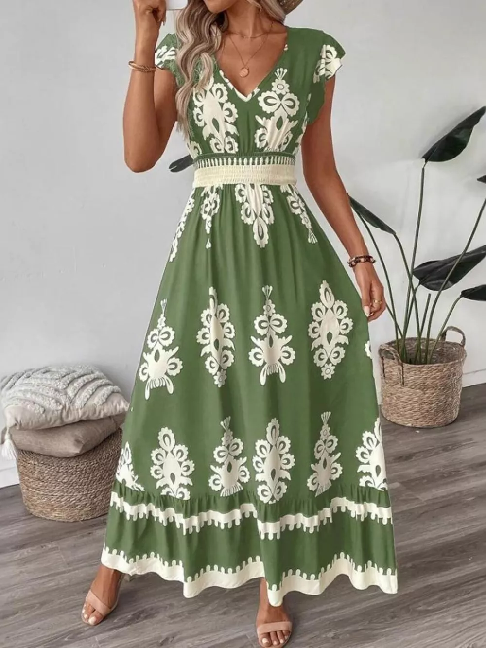 Printed V-Neck Ruffled Cap Sleeve Dress, image 13