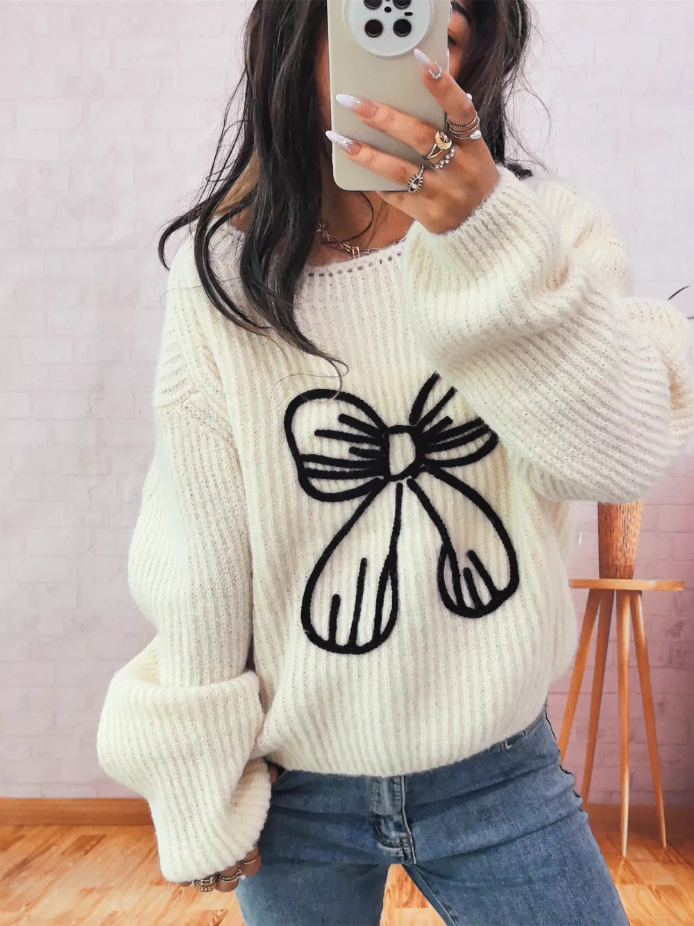 Bow Round Neck Long Sleeve Sweater, image 9